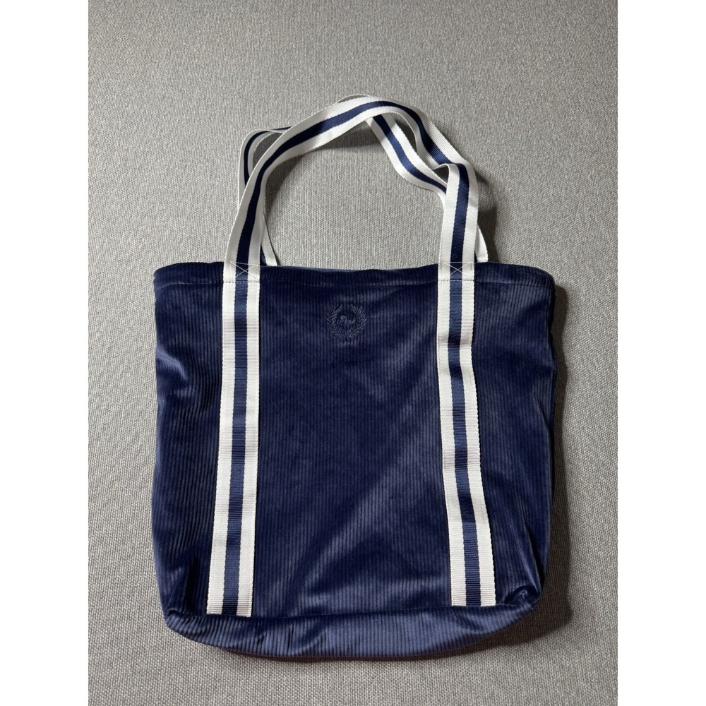 Women's Blue Solid Tote Bag White/Blue Striped Canvas Double Handles - Picture 1 of 9